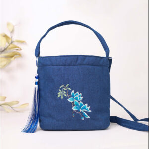 Buddha Stones Embroidery Wisteria Plum Lotus Cherry Blossom Cotton Linen Canvas Tote Crossbody Bag Shoulder Bag Handbag Crossbody Bag BS Navy Blue Magnolia 19*20*10cm
