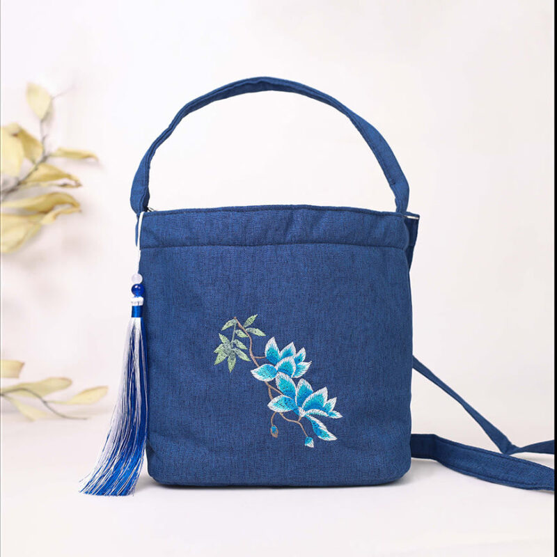 Buddha Stones Embroidery Wisteria Plum Lotus Cherry Blossom Cotton Linen Canvas Tote Crossbody Bag Shoulder Bag Handbag Crossbody Bag BS Navy Blue Magnolia 19*20*10cm