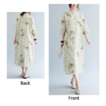 Buddha Stones Flowers Green Yellow Leaves Print Cheongsam Midi Dress Three Quarter Sleeve Dress With Pockets Cheongsam Dresses BS 7