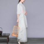 Buddha Stones 2Pcs Lotus Flower Cheongsam Midi Dress Wide Leg Pants Chiffon Zen Women's Set Women's Meditation Cloth BS 2