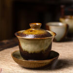Buddha Stones Vintage Brown Kiln Change Design Porcelain Ceramic Gaiwan Sancai Teacup Kung Fu Tea Cup And Saucer With Lid Cup BS 7