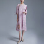 Buddha Stones Small Flower Leaf Jacquard Chinese Cheongsam Qipao Midi Dress With Pockets Cheongsam Dresses BS 9
