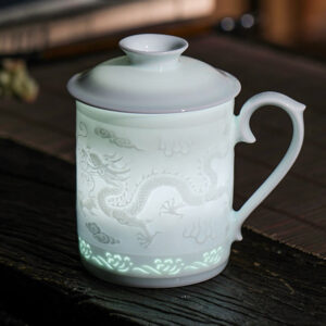 Buddha Stones Jingdezhen Linglong Porcelain Auspicious Dragon Phoenix Boat Smooth Sailing Ceramic Teacup Office Tea Cups 420ml Cup BS Auspicious Dragon Phoenix 9.5cm*13.5cm*420ml