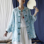 Buddha Stones Light Green Pink Flowers Green Leaves Frog-Button Long Sleeve Ramie Linen Jacket Shirt 33
