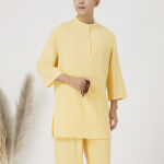 Buddha Stones 2Pcs Buttons Men's Three Quarter Sleeve Shirt Top Pants Meditation Zen Tai Chi Cotton Linen Clothing Set Men's Meditation Cloth BS Yellow(Top&Pants) 2XL(Bust 120cm/Waist 76-102cm/Pants Length 103cm)