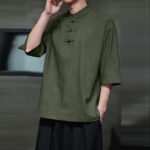 Buddha Stones Men's Chinese Frog-Button Tang Suit Half Sleeve Cotton Linen Shirt Men's Shirts BS 2