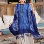 Buddha Stones Blue Geometric Stripes Batik Shawl Tassels Cozy Travel Pullover 90*95cm 1