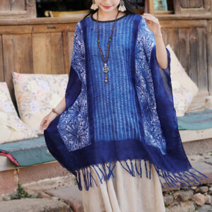 Buddha Stones Blue Geometric Stripes Batik Shawl Tassels Cozy Travel Pullover 90*95cm 1