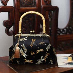 Buddha Stones Dragonfly Crane Bamboo Leaves Plum Blossom Bamboo Handles Handbag Handbags BS Dragonfly 22.5*17*8.5cm