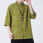 Buddha Stones Peach Blossom Bamboo Leaves Frog-button Chinese Half Sleeve Shirt Men T-shirt T-shirt BS 11