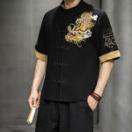 Buddha Stones Frog-Button Chinese Dragon Auspicious Cloud Embroidery Half Sleeve Shirt Cotton Linen Men Clothing Men's Shirts BS 6