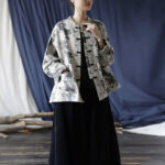 Buddha Stones Black Gray Print Frog-button Design Long Sleeve Cotton Linen Jacket Shirt With Pockets Women's Shirts BS 32
