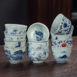 Buddha Stones Blue Landscape Mountains Lotus Cute Cat Pavilions Magnolia Reed Egrets Ceramic Teacup Small Kung Fu Tea Cup Cup BS 15