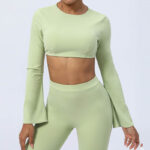 Buddha Stones Long Sleeve Backless Strap Top Bra Flare Pants Fitness Yoga Outfit 2-Piece Outfit BS 10