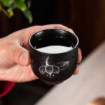 Buddha Stones Hand Painted Lotus Flower Bamboo Chrysanthemum Black Pottery Ceramic Teacup Kung Fu Tea Cup 95ml Cup BS 12