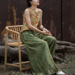 Buddha Stones Green Yellow Ramie Linen Flexible Waistband Wide Leg Pants With Pockets Women's Wide Leg Pants BS 15