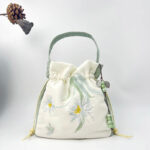 Buddha Stones Embroidered Butterfly Lotus Magnolia Cotton Linen Tote Crossbody Bag Shoulder Bag Handbag Crossbody Bag BS Green Ephyllum 20*20*7cm