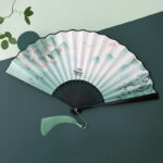 Buddha Stones Retro Lotus Flower Leaf Mountain Lake Handheld Folding Fan With Bamboo Frames Folding Fan BS Boat Lake Landscape Black Bamboo Frames