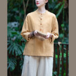 Buddha Stones Solid Color Loose Button Blouse Long Sleeve Shirt Top Long Sleeve Shirt BS 41