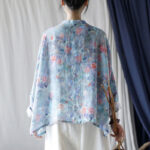 Buddha Stones Pink Flowers Green Leaves Print Frog-button Design Long Sleeve Ramie Linen Jacket Shirt Women's Shirts BS 2