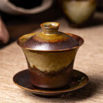 Buddha Stones Vintage Brown Kiln Change Design Porcelain Ceramic Gaiwan Sancai Teacup Kung Fu Tea Cup And Saucer With Lid Cup BS 2