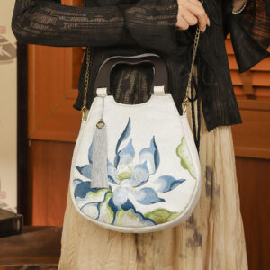 Buddha Stones Lotus Embroidery Handbag Crossbody Bag Crossbody Bag&Handbags BS Lotus White 23*7*23cm