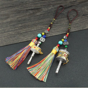 Buddha Stones Tibet Om Mani Padme Hum Prayer Wheel Tassel Bag Car Hanging Decoration Car Hanging Decoration BS main