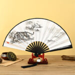 Buddha Stones Vintage Phoenix Nine-Tailed Fox Flower Bamboo Tiger Handheld Folding Fan Lotus Tassel Fan Folding Fan BS Tiger and Mountain