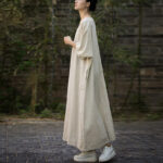Buddha Stones Solid Color V-Neck Half Sleeve Ramie Linen Midi Dress With Pockets Midi Dress BS 7