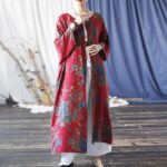 Buddha Stones Red Blue Flowers Print Cotton Three Quarter Sleeve Open Front Jacket Coat 7