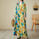 Buddha Stones Orange Blue Colorful Polka Dots Midi Dress Cotton Half Sleeve Dress With Pockets Midi Dress BS 2