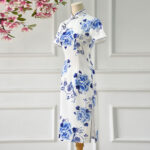 Buddha Stones Blue And White Porcelain Color Peony Flower Pattern Cheongsam Dress Women's Qipao Dress Cheongsam Dresses BS 2