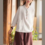 Buddha Stones Solid Color Loose Button Blouse Long Sleeve Shirt Top Long Sleeve Shirt BS 6