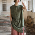 Buddha Stones Handmade Tie Dye Ramie Linen Frog-Button Sleeveless Vest 22