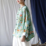 Buddha Stones Pink Flowers Green Leaves Print Frog-button Design Long Sleeve Ramie Linen Jacket Shirt Women's Shirts BS 33
