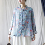 Buddha Stones Pink Flowers Green Leaves Print Frog-button Design Long Sleeve Ramie Linen Jacket Shirt Women's Shirts BS 28