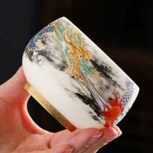 Buddha Stones Dragon Playing With Pearl Design White Porcelain Ceramic Teacup Kung Fu Tea Cup 160ml Cup BS Green Dragon 8.2cm*5.6cm*160ml