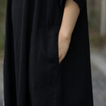 Buddha Stones Solid Color V-Neck Half Sleeve Ramie Linen Midi Dress With Pockets Midi Dress BS 16