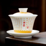 Buddha Stones Buddhist Heart Sutra Small Fu Character Ceramic Gaiwan Teacup Kung Fu Tea Cup And Saucer With Lid Cup BS Heart Sutra Gaiwan(9.4cm*9.5cm*150ml)
