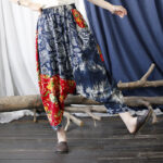 Buddha Stones Blue Red Peony Flowers Patchwork Cotton Linen Harem Pants With Pockets Women's Harem Pants BS 14