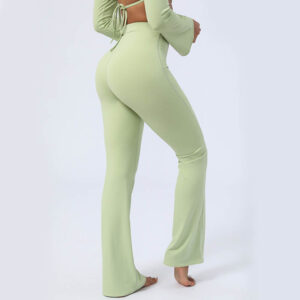 Buddha Stones Long Sleeve Backless Strap Top Bra Flare Pants Fitness Yoga Outfit 2-Piece Outfit BS Green Pants US8/10/XL