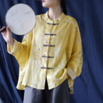 Buddha Stones Yellow Phoenix Print Frog-button Design Long Sleeve Ramie Linen Jacket Shirt Women's Shirts BS Yellow Phoenix Short Style(Bust 174cm/Shoulder 99cm/Length 60cm)(Jacket Only)