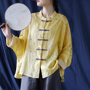 Buddha Stones Yellow Phoenix Print Frog-button Design Long Sleeve Ramie Linen Jacket Shirt Women's Shirts BS Yellow Phoenix Short Style(Bust 174cm/Shoulder 99cm/Length 60cm)(Jacket Only)