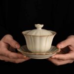 Buddha Stones Beige Plum Blossom Shape Peach Branch Ceramic Gaiwan Sancai Teacup Kung Fu Tea Cup With Lid Cup BS 3
