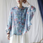 Buddha Stones Pink Flowers Green Leaves Print Frog-button Design Long Sleeve Ramie Linen Jacket Shirt Women's Shirts BS 20