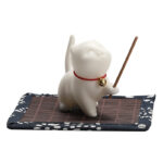 Buddha Stones Mini Lucky Cat Kitten Tea Pet Ceramic Home Desk Figurine Decoration With Bamboo Mat Decorations BS 10