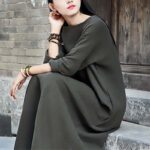 Buddha Stones Simple Midi Dress Cotton Linen Zen Tunic Dress With Pockets Midi Dress BS 6