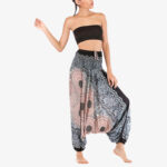 Buddha Stones Two Style Wear Round Geometric Pattern Loose Smocked Harem Trousers Jumpsuit High Waist Women's Yoga Pants Harem Pants&Bodysuit BS 33