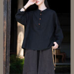 Buddha Stones Solid Color Loose Button Blouse Long Sleeve Shirt Top Long Sleeve Shirt BS 32
