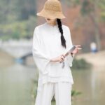 Buddha Stones 2Pcs Plain Design Top Pants Meditation Yoga Zen Tai Chi Cotton Linen Clothing Women's Set Clothes BS 17
